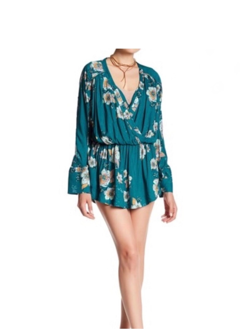 Free People Turquoise Tuscan Dreams Long Sleeve Tunic Blouse M Medium Teal Blue